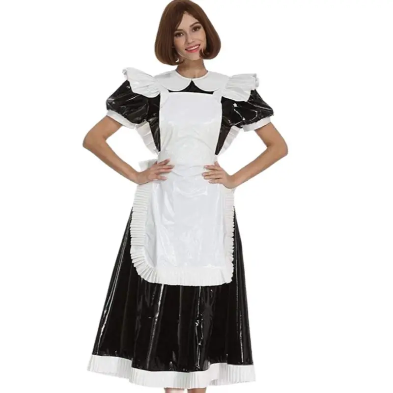 

French Sexy Adult Customized Fetishist Crossdressing Sissy Polo Collar PVC Black White Spliced Independent Apron Dress