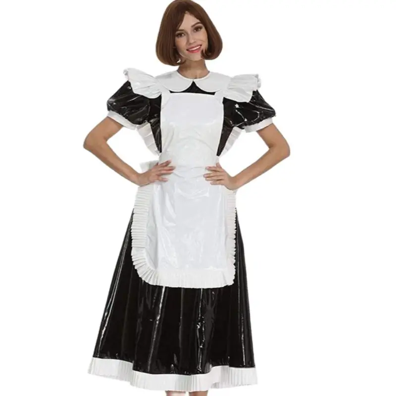 French Sexy Adult Customized Fetishist Crossdressing Sissy Polo Collar PVC Black White Spliced Independent Apron Dress