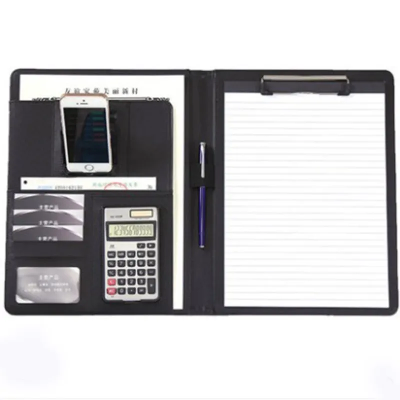 Multifunctional Padfolio Professional Business Zippered Padfolio Folder Document Case Organizer Leather A4 PU Portfolio Memo Pad