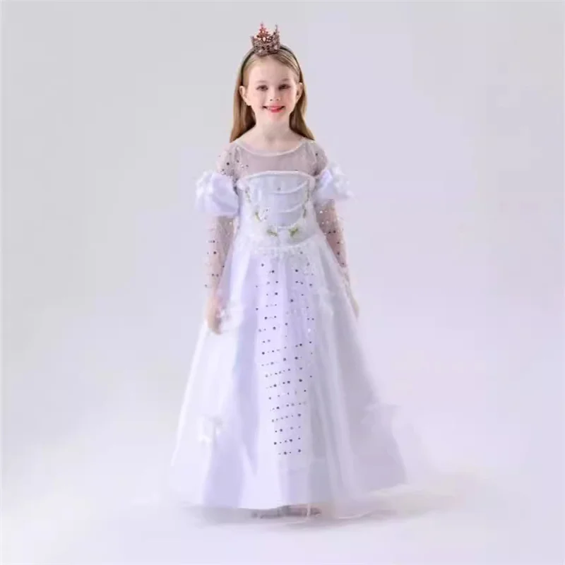 White Snow Princess Dress Little Girl White Lace Gauze Princess Pompadour Dress Queen Costume with Sequins