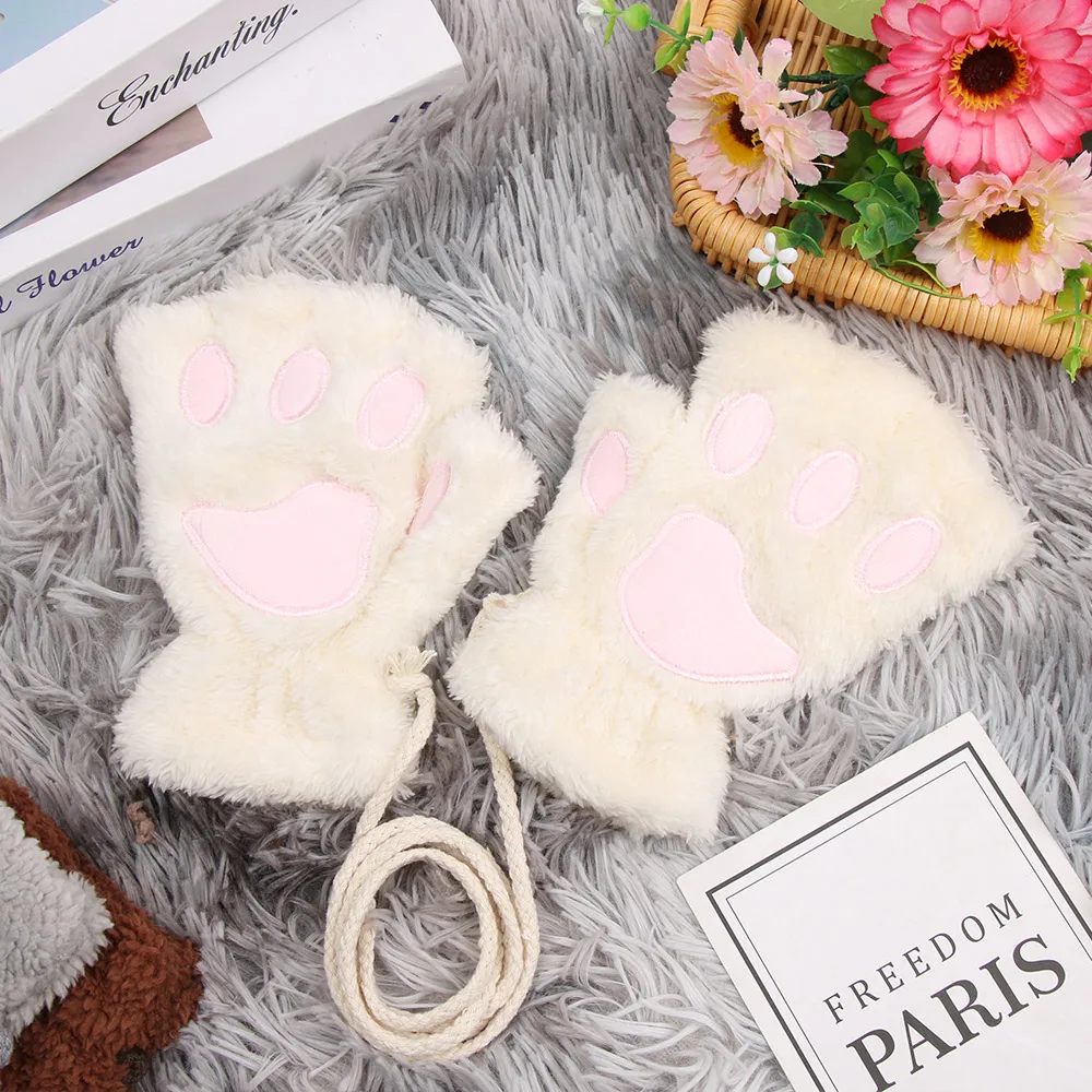 Children Cat Gloves Fashion Boys Girls Cat Claw Paw Plush Mittens Warm Soft Plush Short Fingerless Half Finger Winter Gloves