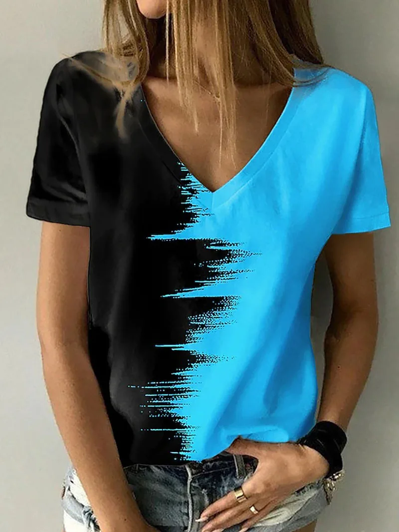 2023 Damen bekleidung T-Shirt T-Shirts grün blau rosa Kurzarm lässig wochen ende grundlegende V-Ausschnitt abstrakte 3D-Malerei T-Shirts Tops