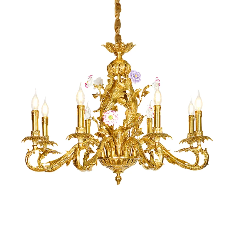 

French Luxury Lighting Golden Brass Ceramic Flower Pendant Light European Villa Living Room Antique Copper Candle Chandelier