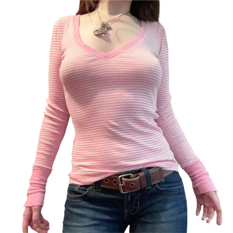 

Women Striped Long Sleeve Tops Hotsweet Pink Casual Slim Fit V-neck Pullover Shirt for Daily Streetwear Teen Girl Blouse Y2K 90s