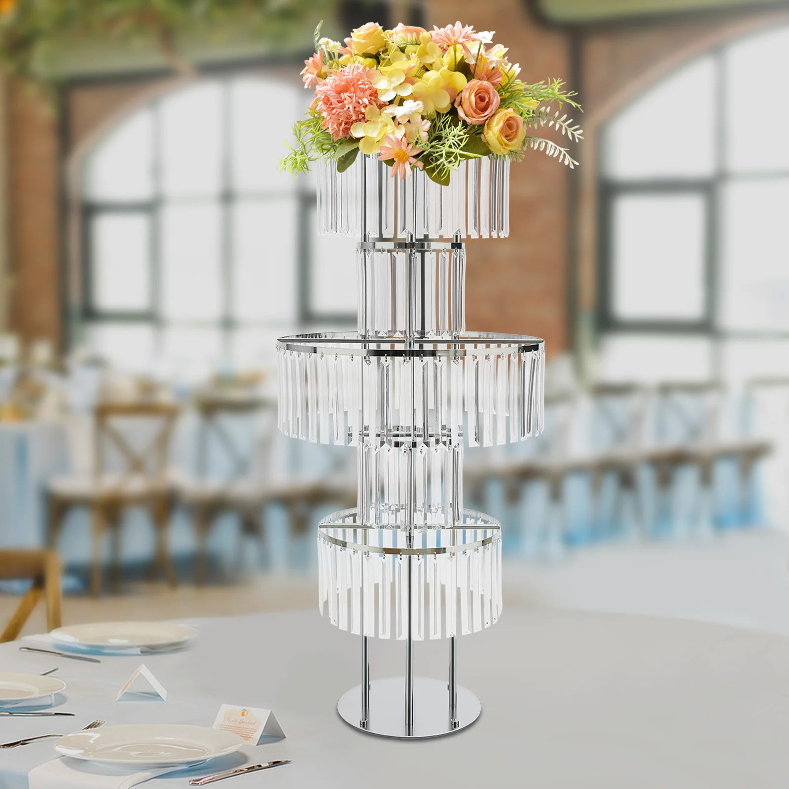 

5-tier Silver Flower Stand Acrylic Crystal Pendants, Elegant Flowers Stand for Party Weddings, Aisle Road Leads, Room Decoration