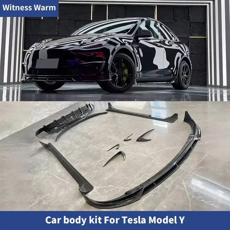 

Для Tesla Model Y ABS Ярко-черный карбоновый вид Передний бампер Губа Задний диффузор Боковые юбки Задний спойлер Комплект кузова Модификация