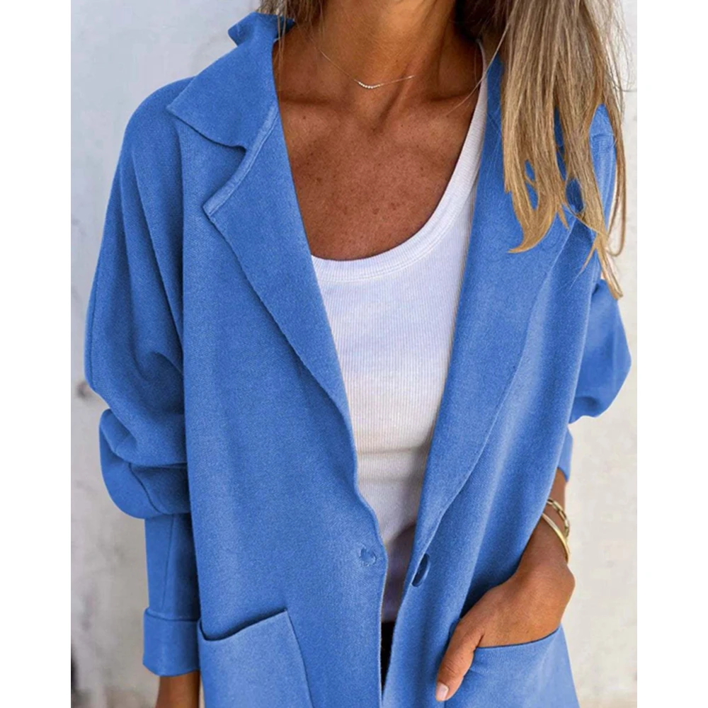 Women Pocket Design Nothched Collar Single Buttoned Blazer Jackets Femme Elegant Coats Autumn Winter Outfits