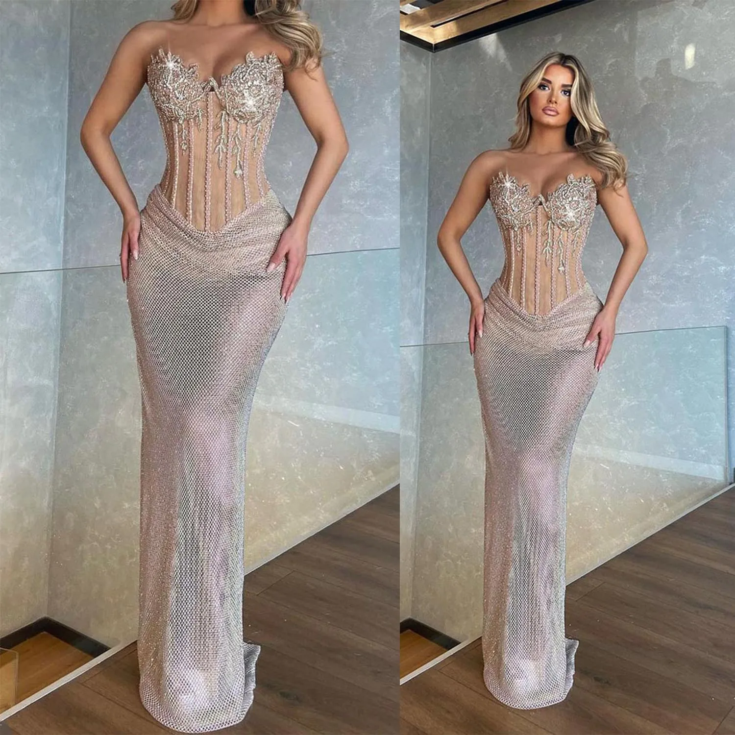 

Sexy Strapless Mermaid Prom Dresses Simple Sleeveless Lace Formal Occasion Dress Aso Ebi Floor Length Evening Gowns