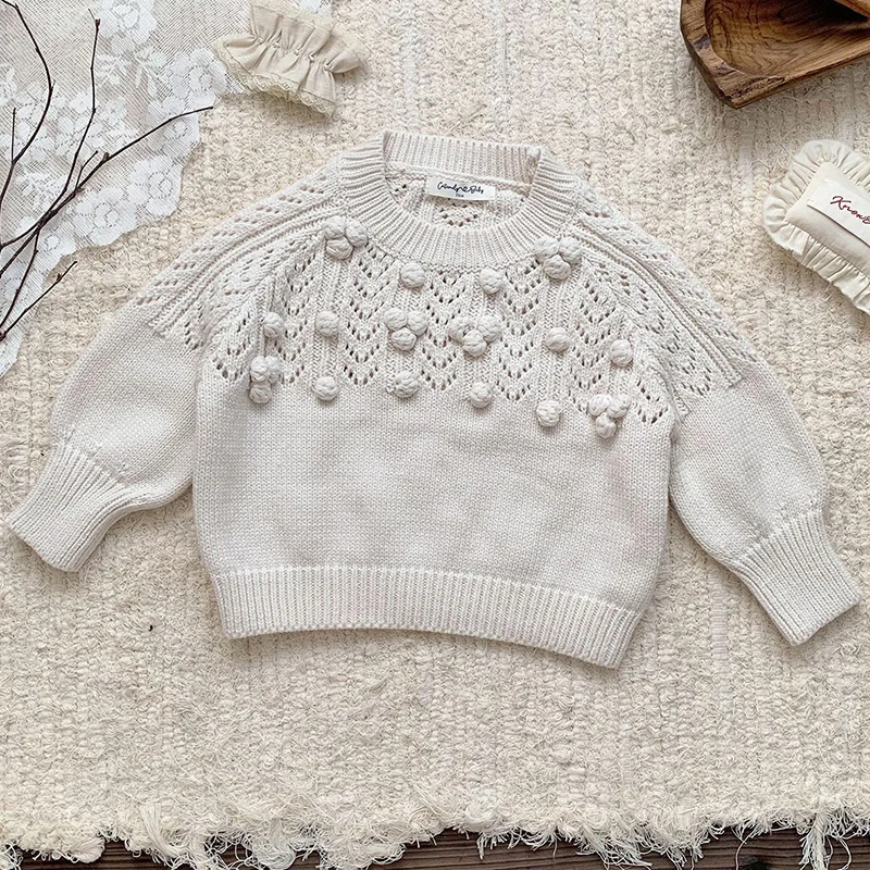 Autum Winter Baby Sweater Handmade ball Knitted Baby Girl Clothes Hollow Round Neck Kids Toddler Girl Pullover Baby Outerwear