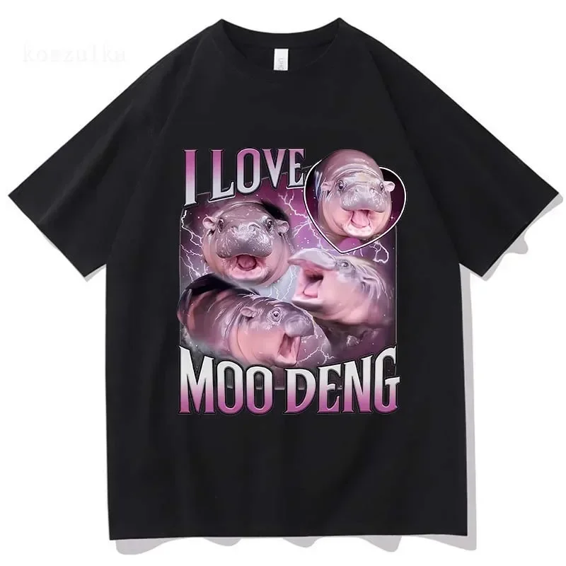 L love Moo Deng Baby Hippo T Shirt Funny Men/women Clothing Harajuku Vintage Unisex Cotton Graphic T Shirts Halloween Clothes