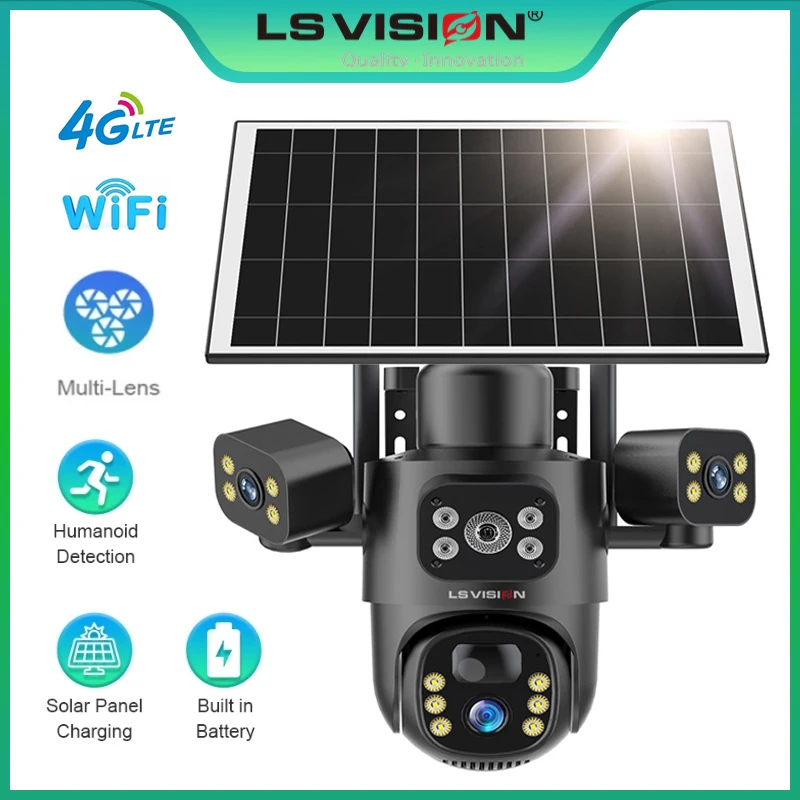 LS VISION 3*10X Zoom PTZ Lens 4G Solar Camera WIFI Wireless Outdoor 15MP Auto Tracking Security Home Monitor V380 Pro cctv IP66
