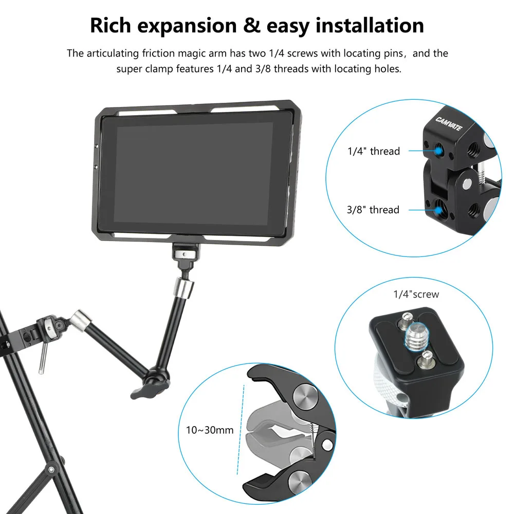 แขนจับกล้อง CAMVATE ขนาด 11 นิ้ว แบบปรับได้ + ตัวหนีบ Super Clamp พร้อมสกรูป้องกันการบิดขนาด 1/4-20 สำหรับแฟลช/ไฟ LED/ไมโครโฟน