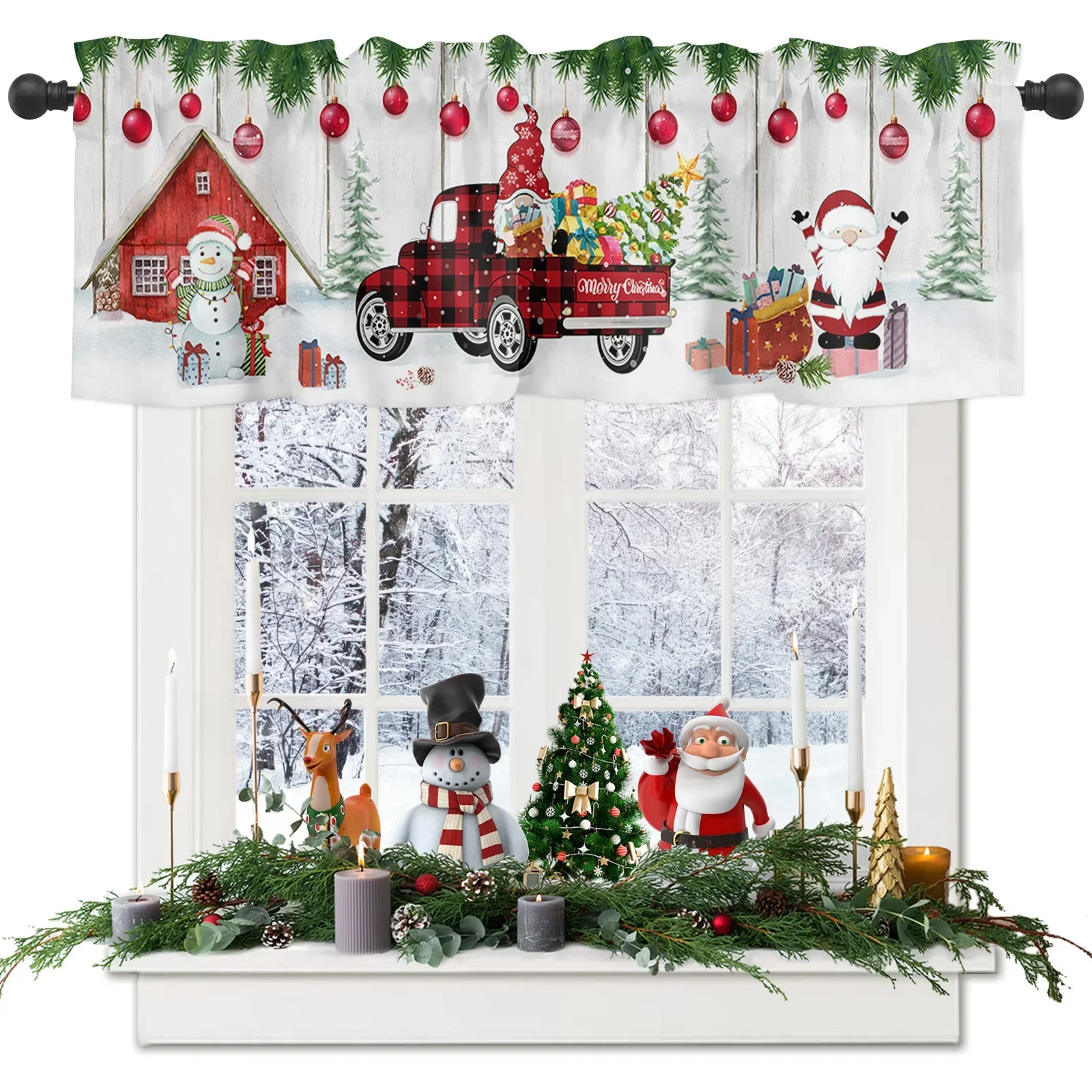 Christmas Truck Snowman Gnome Kitchen Window Curtains Home Decoration Short Curtain for Living Room Bedroom Small Cortinas