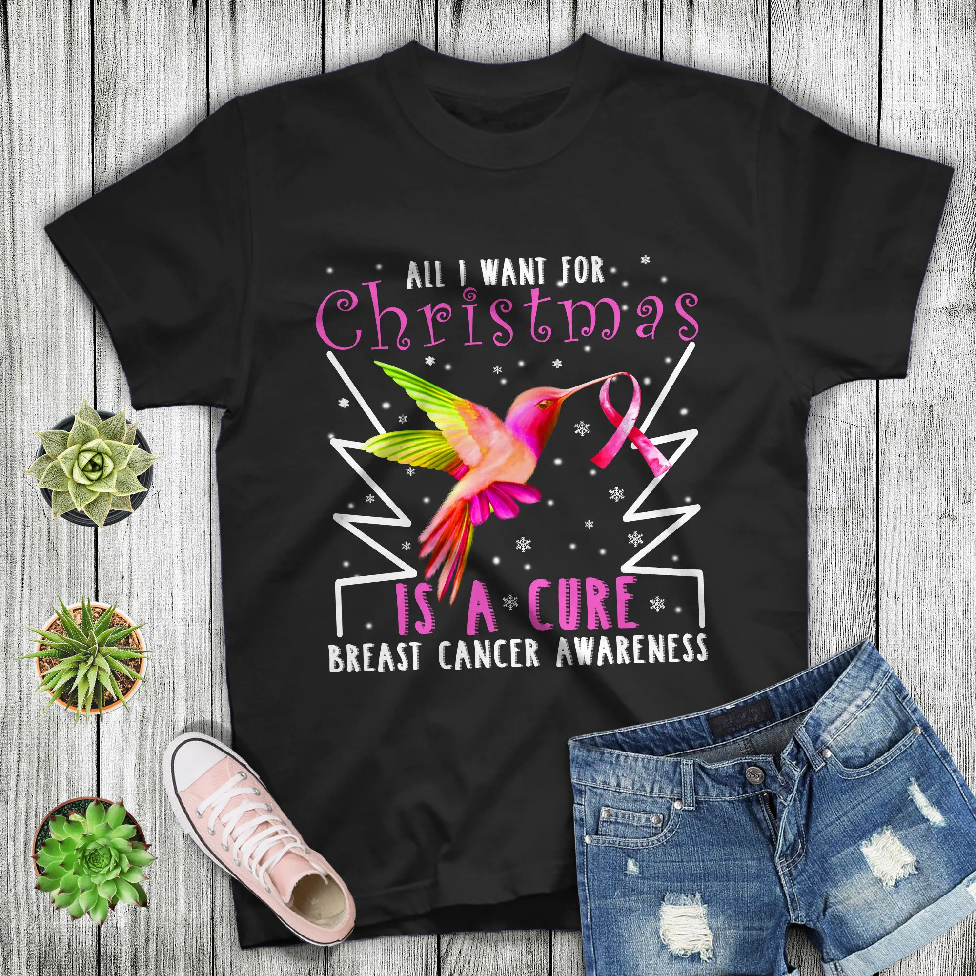 Christmas T Shirt All I Want For Is A Cure Breast Cancer Awareness