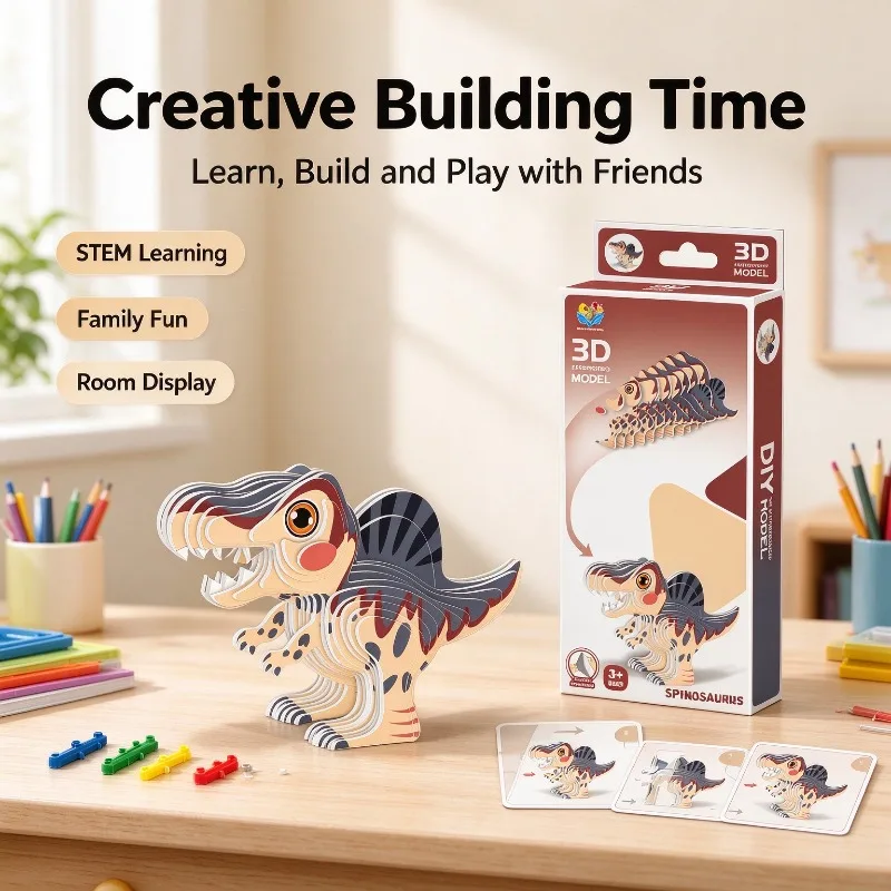 DIY 3D Cardboard Puzzle Spinosaurus Dinosaur Model Kit, No Scissors Punch-out Educational Assemble Toy Kids Birthday Gift