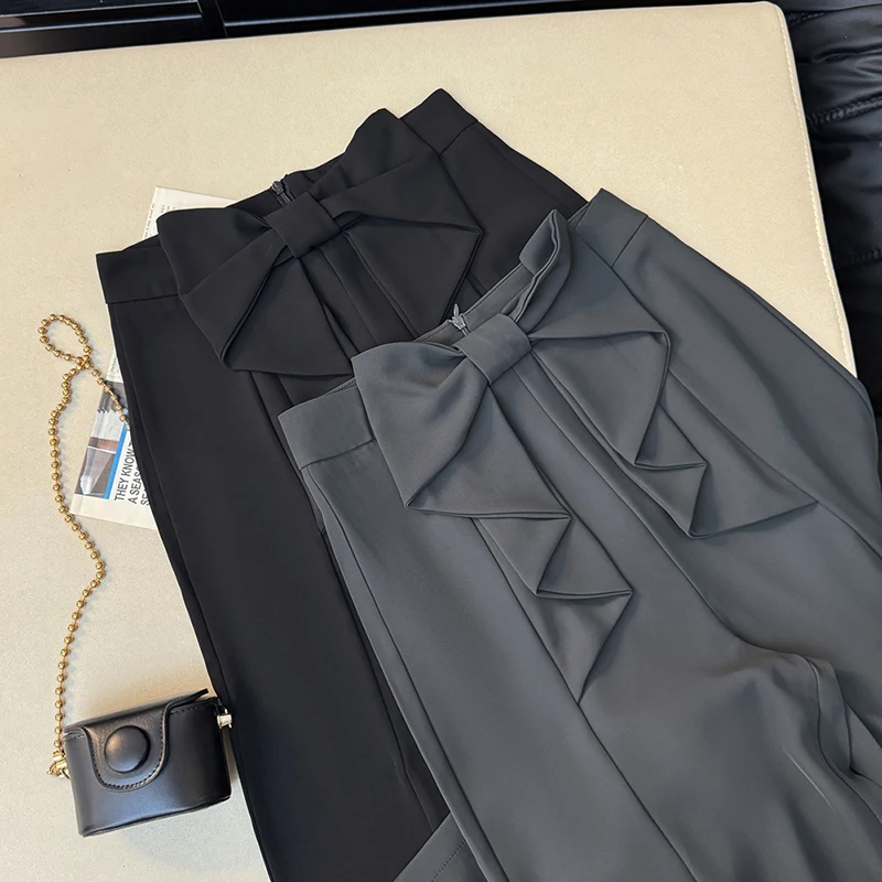 Pantaloni a gamba larga neri streetwear Pantaloni da abito larghi con fiocco alla moda da donna Pantaloni dritti casual coreani a vita alta da donna estivi Novità