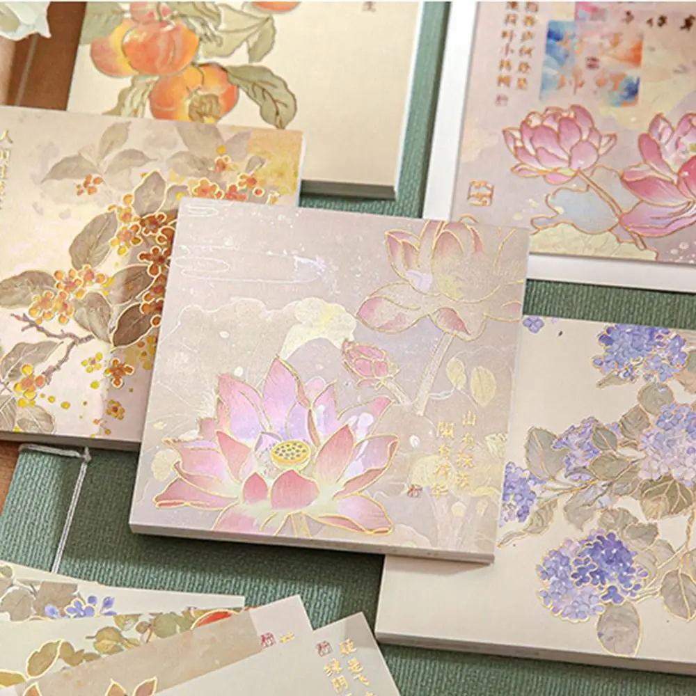 Flower Pattern Retro Notes Paper Chinese Style Flower Cards DIY Self-Adhesive Full Gold Stamping Notes Hand Account Decorate