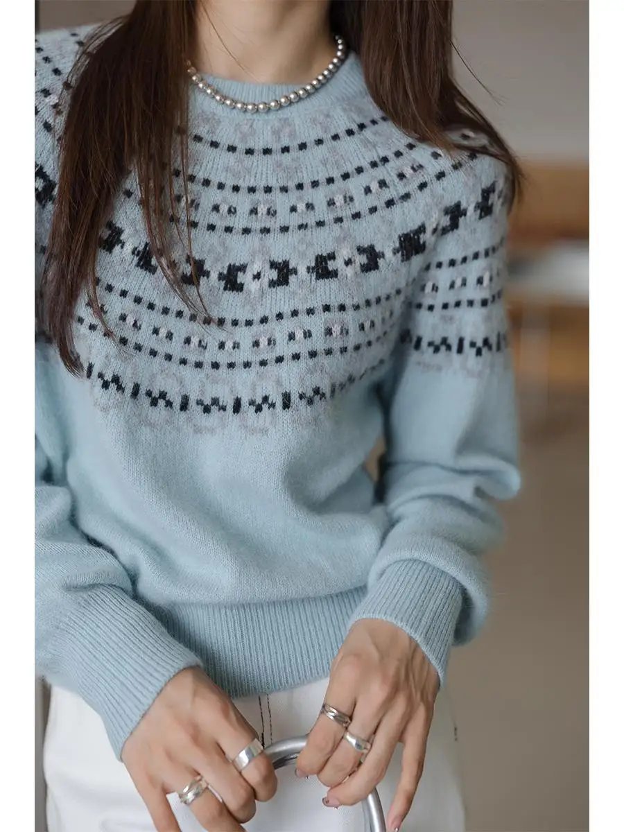 

Мягкий шерстяной вязаный свитер Fair Isle Ne, женский круглый топ Ne, роскошный брендовый новый 2024, удобный длинный свек, зимняя мода