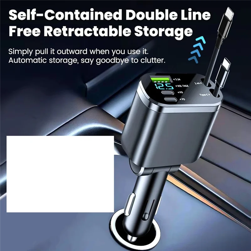 

Multi-Port USB Type C Cord Car Charger Adapter With Retractable Cable Fast Charge Car Accessories