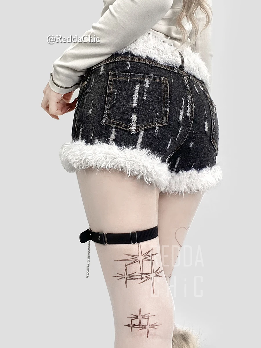 REDDACHiC Plush Belt Denim Shorts Women Brushed Backside Cotton Stretch Low Waist Ripped Faux Fur Winter Pants Grayu Y2k Clothes