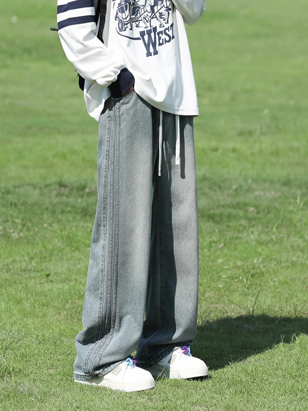 

Мужские джинсы Waed American Side Stripe, повседневные молодежные свободные брюки с широкими штанинами, осенние длинные брюки для отдыха, прямой крой, свободный силуэт