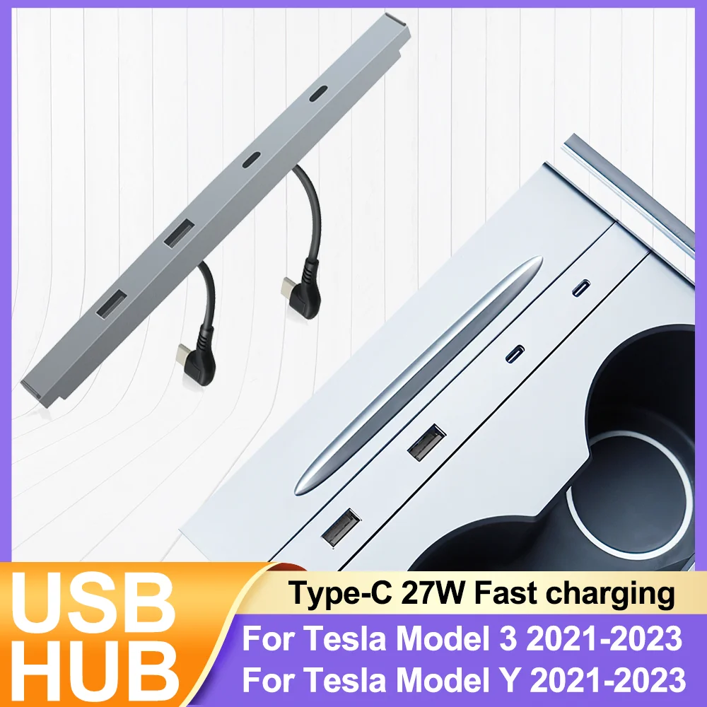 Car USB HUB For Tesla Model 3 Model Y 2021-2023 Car USB Shunt Hub 27W Fast Charging Type-C Intelligent Docking Station Adapter