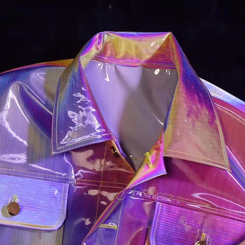 ホログラフィックグロスファッション女性 PU プラスチックジャケット緩め防水 DJ クラブ衣装透明プラスチックコートパンクストリート