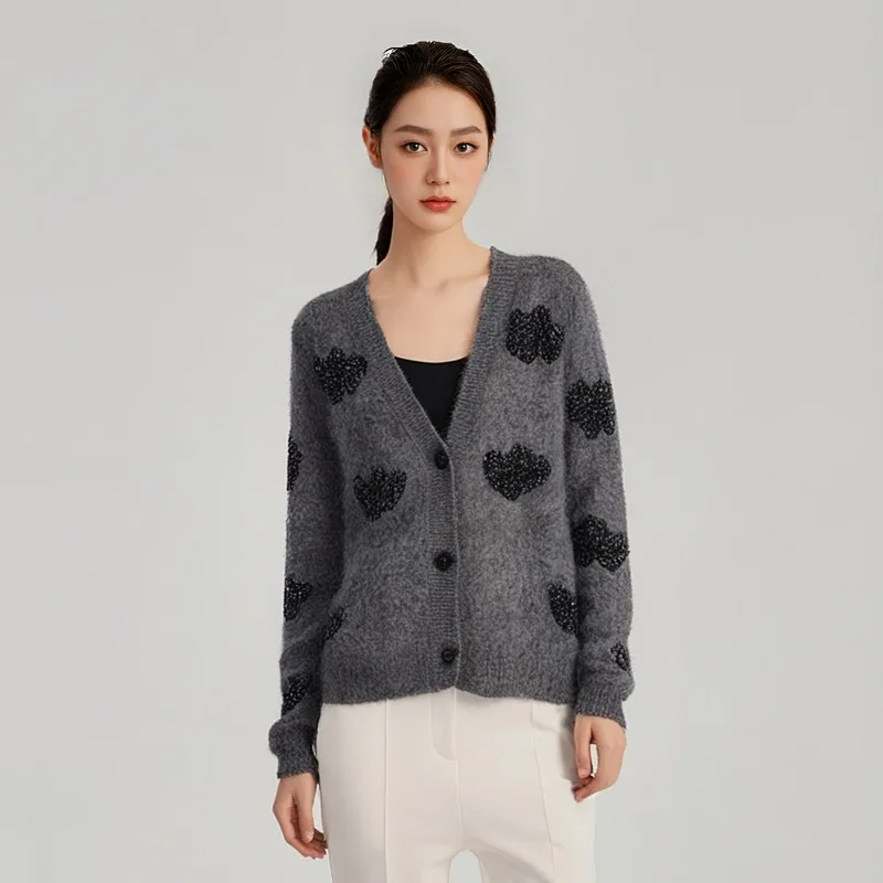 Pulls amples à col en v pour femmes, gris et blanc, avec motif Floral et cœur, Cardigan en tricot, pull amincissant polyvalent, hiver