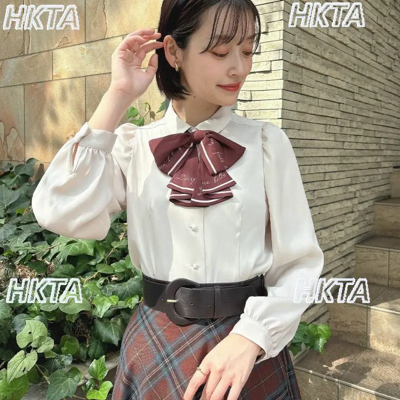 

Japanese Retro Shirt Long Sleeve Bow Solid Color Slim Fit Versatile Inner Shirts Single Breasted 2025 Autumn New White Blouse