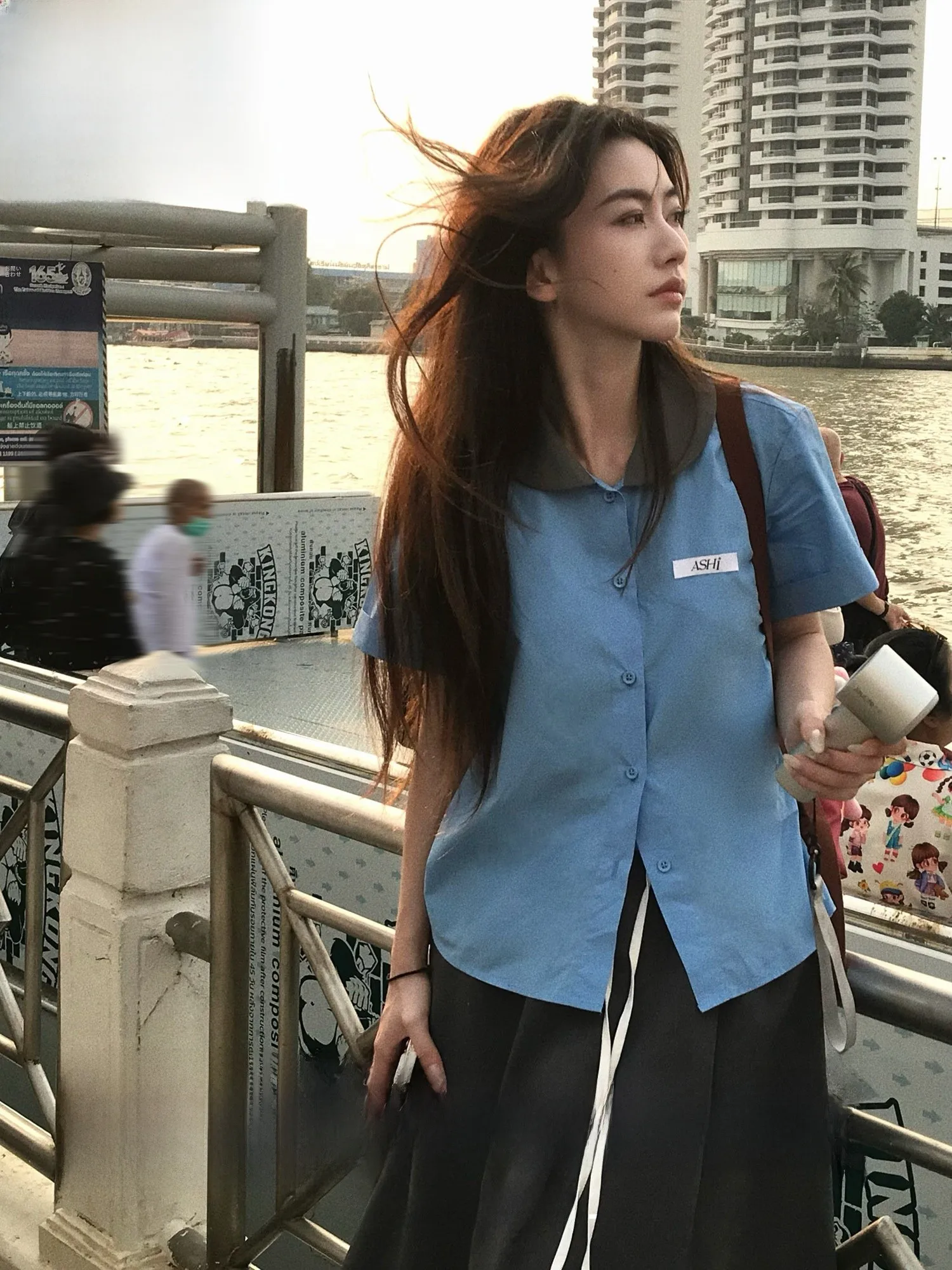 

Cotton Short Sleeve Doll Collar Shirt Women's Versatile Thai Style College Fashion Color Block Shirt Commute Wear