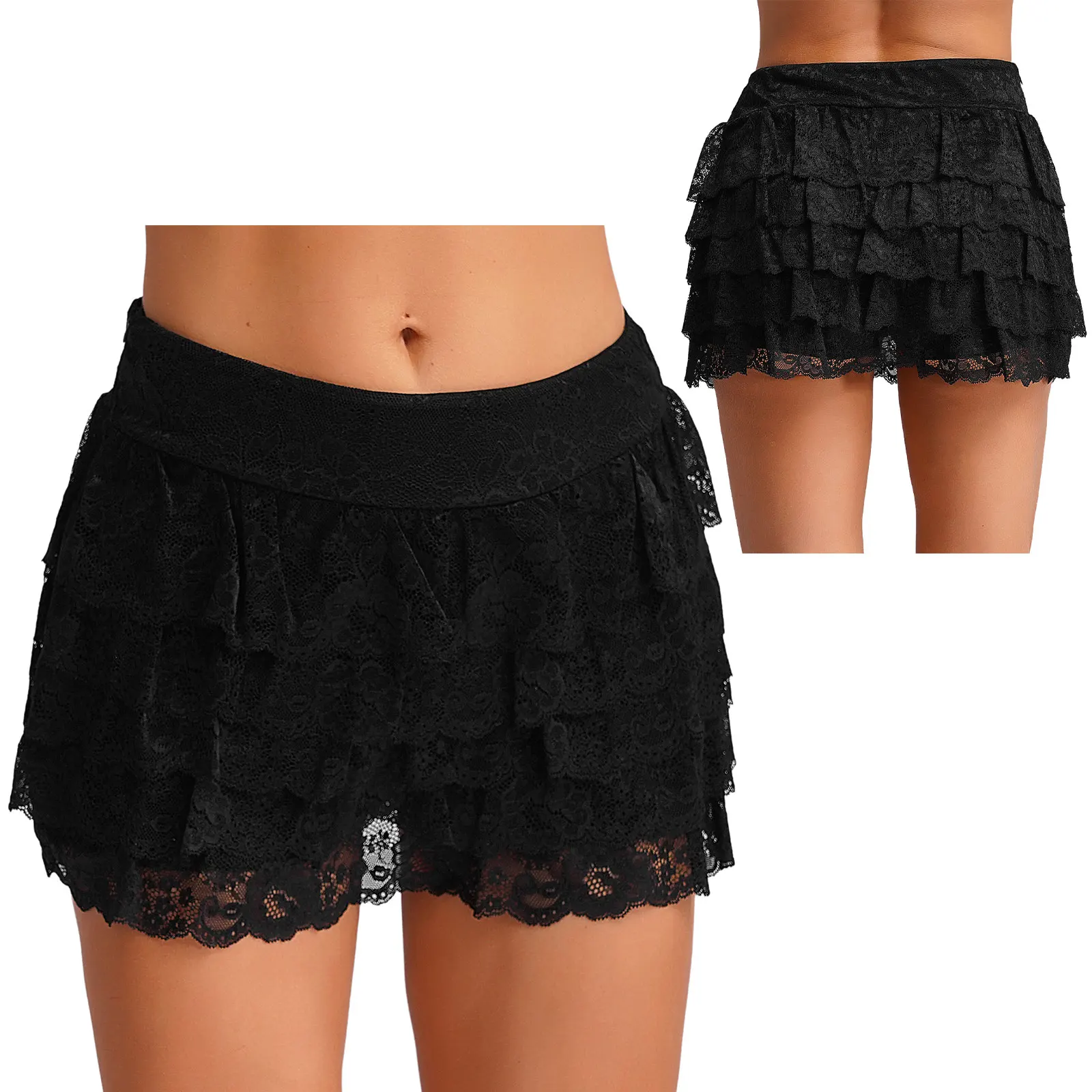 

Women Lace Ruffles Mini Skirts Shorts Soft Exquisite Floral Lace Tiered A-line Skirt Y2K Lolita Comfortable Lounge-wear Skirts