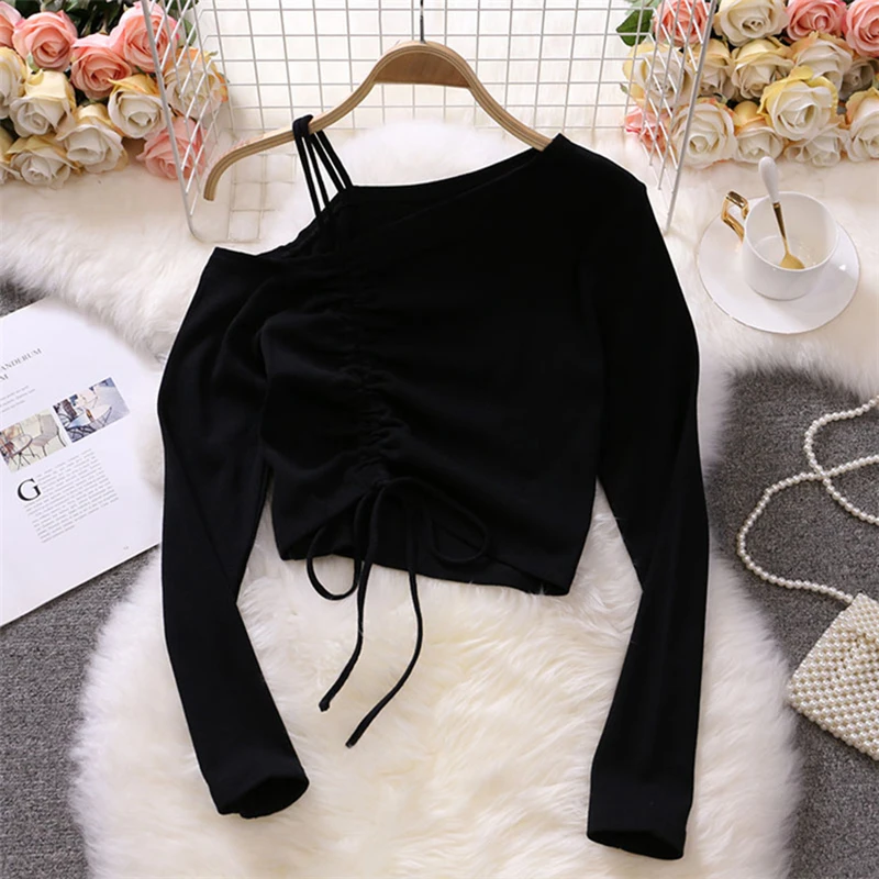 Women Sexy Off The Shoulder Strap T-shirt Women Diagonal-Collar Long Sleeve Slim Tops Autumn Korean Short Blouses