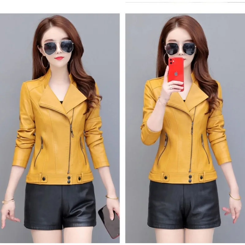 New 2023 Casual Thin Temperament Outcoat  Autumn Winter Women Leather Top Coat Short Slim Outwear Fashion Biker Jacket