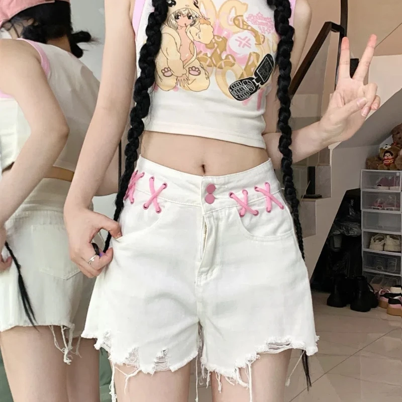 

Джинсы в американском стиле для девочек, женские прямые короткие брюки с высокой талией и завязками