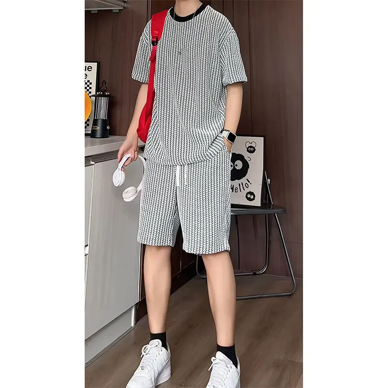 

2Pieces(T-Shirts and Shorts)Men's Sets Plus Size 5XL-M Short Sleeve Loose Casual T Shirt and Knee Length Shorts Men Set Black