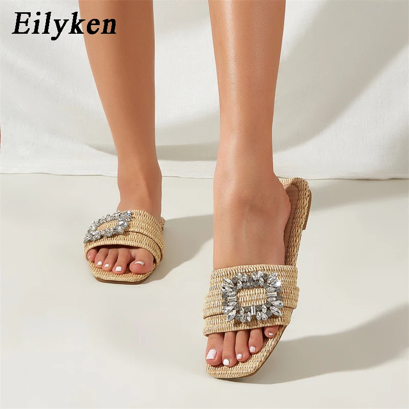 Eilyken Summer Glitter Rhinestone Women Slippers Bright Diamond Flat Bottom Cane Crystal Sandals Beach Slides Shoes Zapatos muje