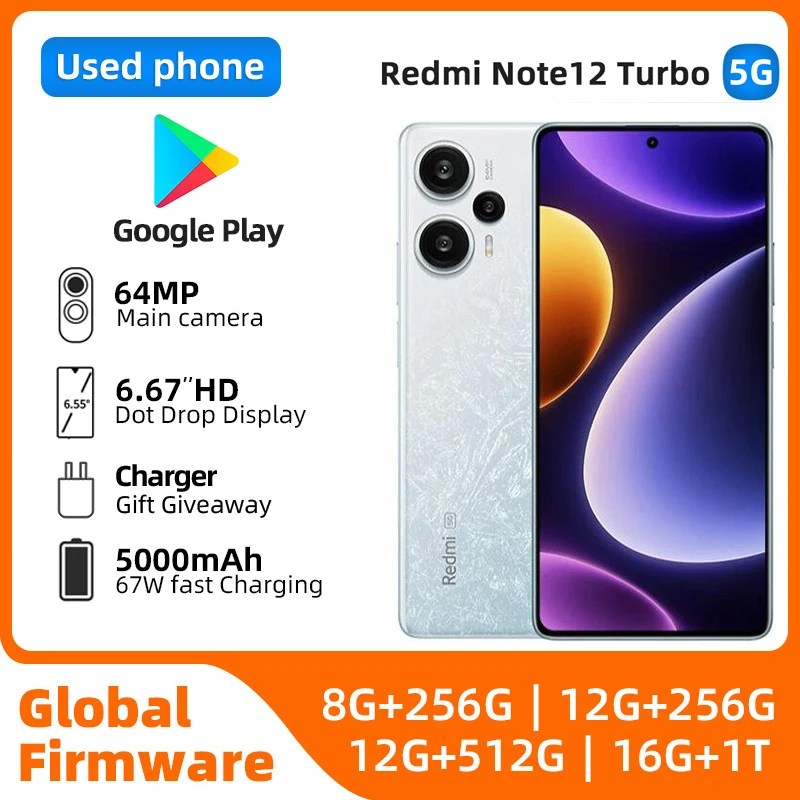 Redmi Note 12 Turbo 5G 64MP Main Camera Side-Mounted 67W Charging 120Hz OLED Display 5000mAh used phone