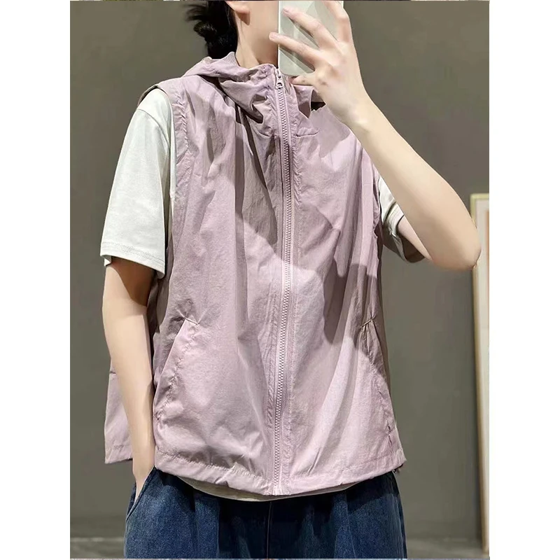 

Loose Fit Zipper Hooded Svel Vest ex Summer New Sle Faionable Large Size 36kg Breathable Outerwear Jaet