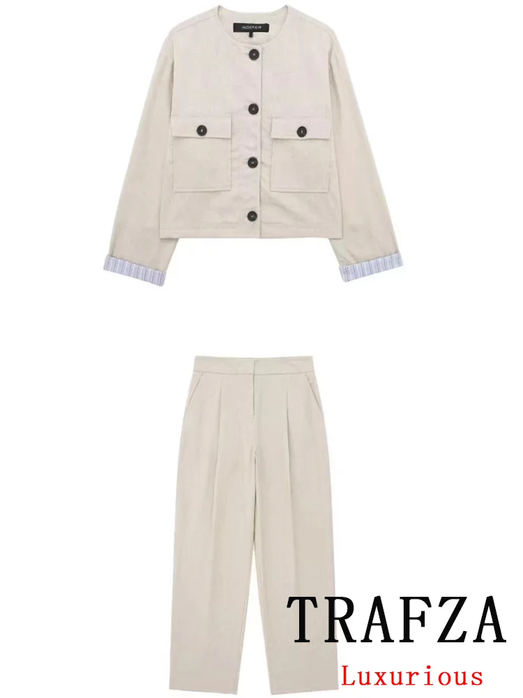 

TRAFZA Vintage Casual Chic Office Lady Solid Women Suit Pockets Blazer Straight Loose Pants New Fashion 2024 Office Lady Set