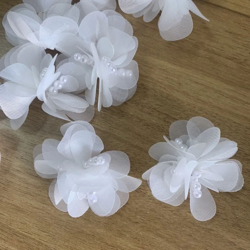 10PCS HOT 3D Pearl Flower Chiffon Patches DIY Sewing Applique Cloth Dress Wedding Hairpin Headdress Decor