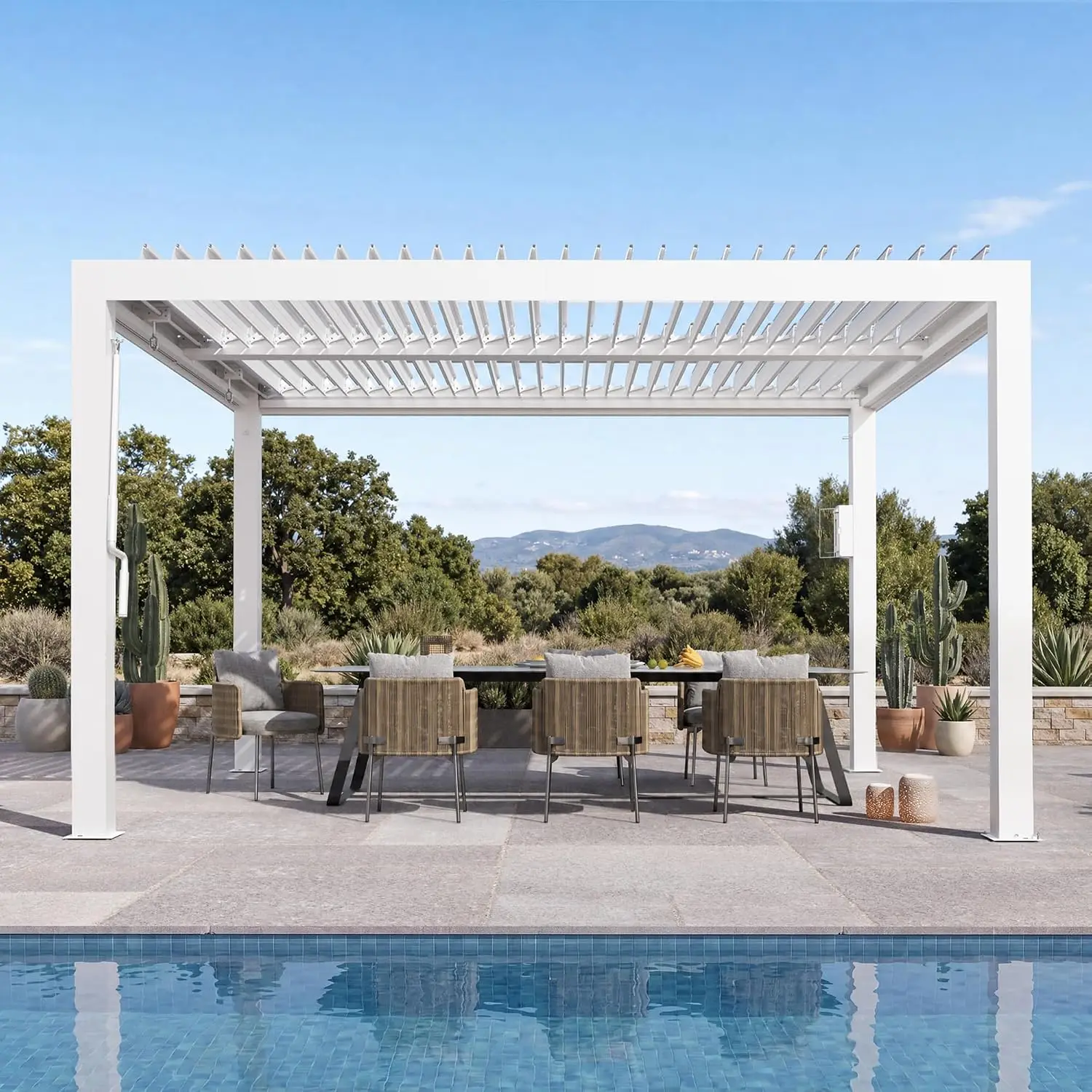Modern Shade Louvered Pergola 10'x12' with USB Charging Power Strip, White, Customized