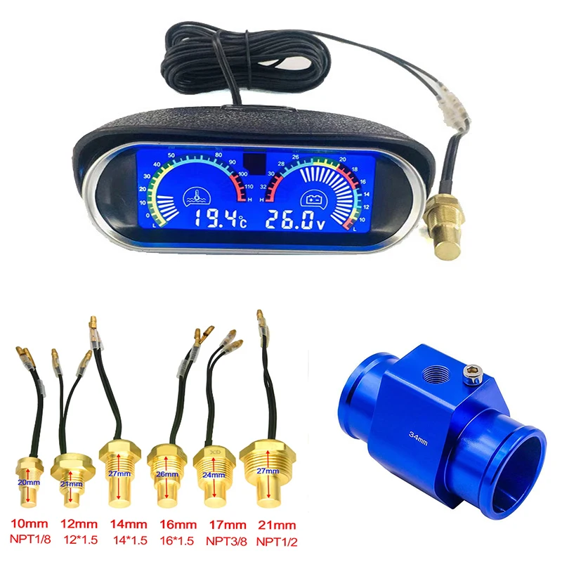 12V 24V Digital Water Temperature Gauge + Volt Water Temperature Sensor 1/8NPT Head Plug Joint Pipe Sensor Radiator Hose Adapter