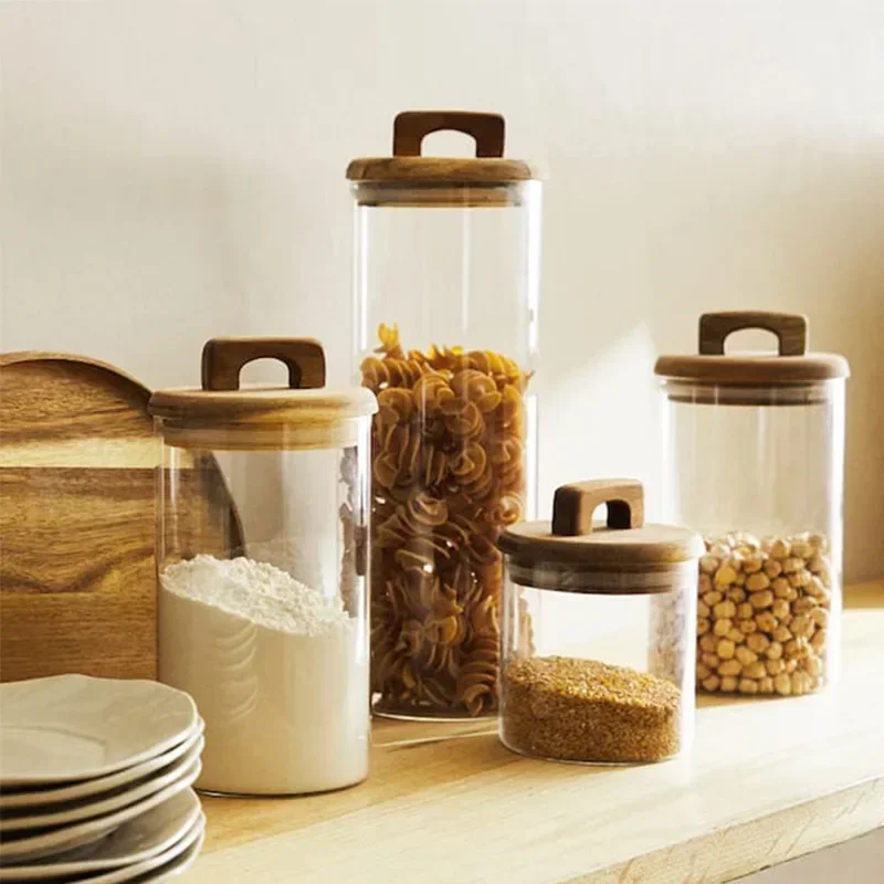 

Home furnitureGlass Food Storage Tank with Wooden Lid Kitchen Coffee Beans Candy Tea Grains Canister Home Snacks Storage Jar