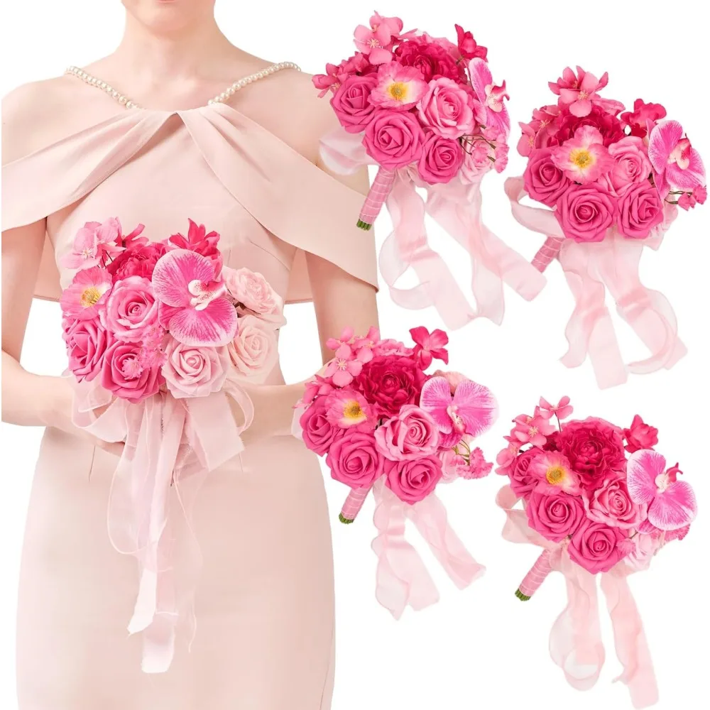 

7-inch Artificial Flower Bridesmaid Wedding Bouquet, Set of 4, Pink Wedding Celebration Bouquet Throwing Bridal Shower Rehearsal