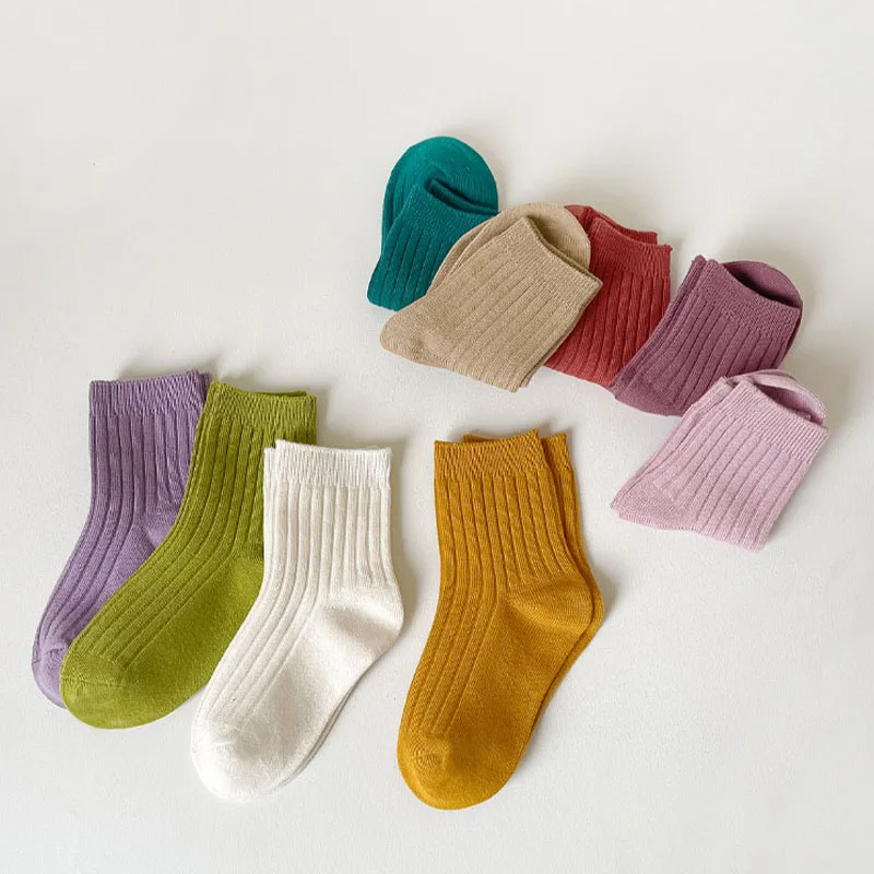 5 Pairs/Lot Children\'S Socks Set Solid Color Double Needle Cotton Kids Mid-Tube Socks Candy Color Boys And Girls Student Socks