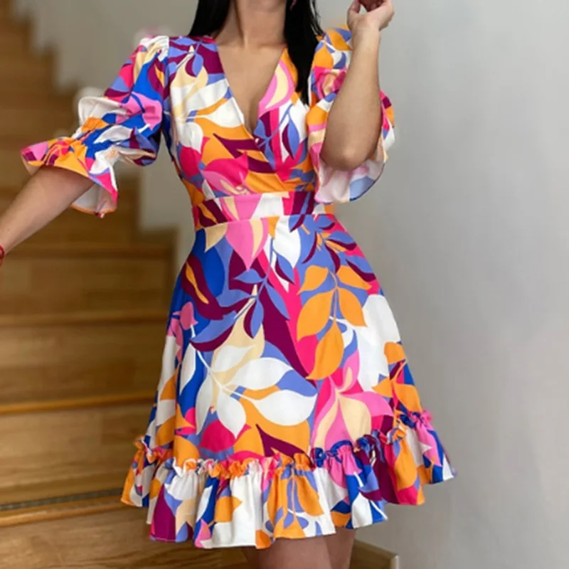 

Elegant Casual Commuterprint Ruffle Mini Dress European and American Women Spring 2023 New INS High Waist Elegent Retro Dresses