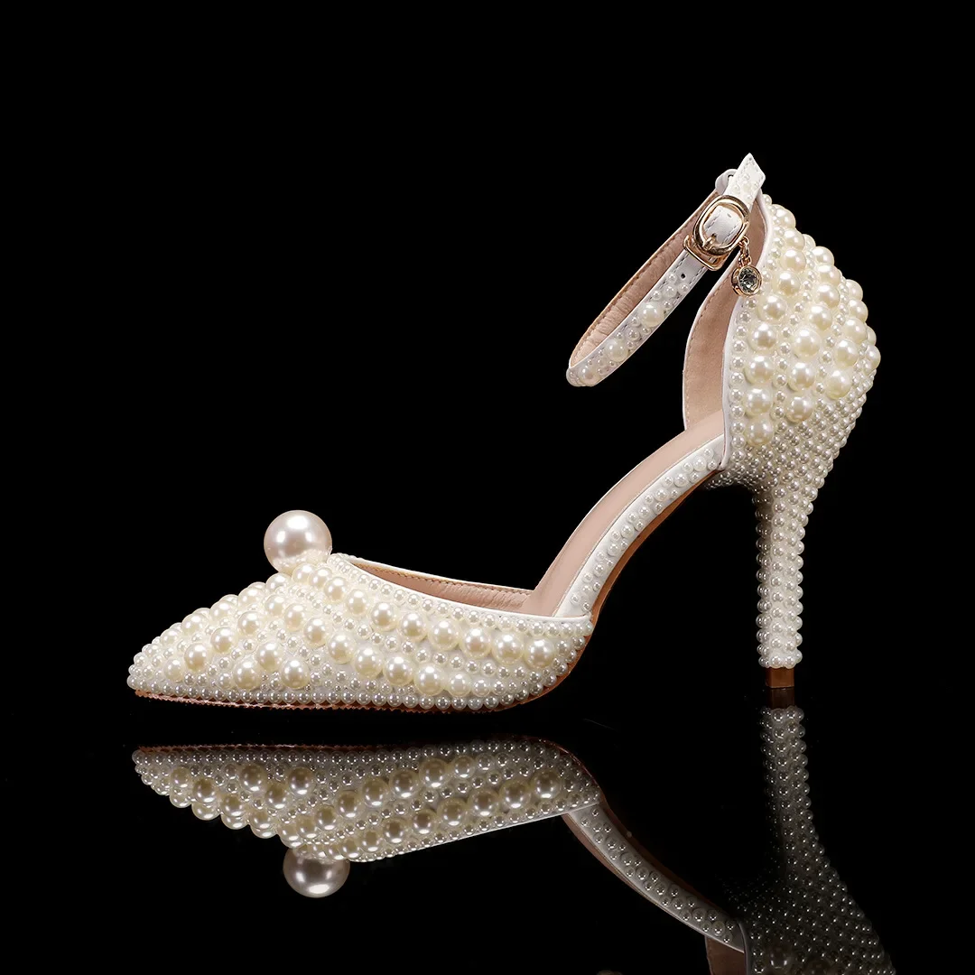 2024 New 9-centimeter Fine Heel Pointed White Pearl Bridal Wedding Banquet High Heels High End Luxury Women's High Heels Sandals