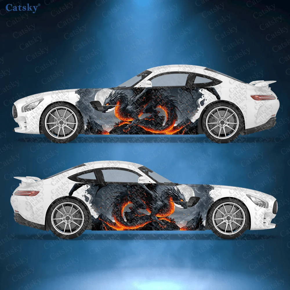 

2pcs Black Dragon on Blazing Lava Car Side Wraps, Self-Adhesive PVC Waterproof & Scratch-Resistant Stickers, Car Accessory Gift