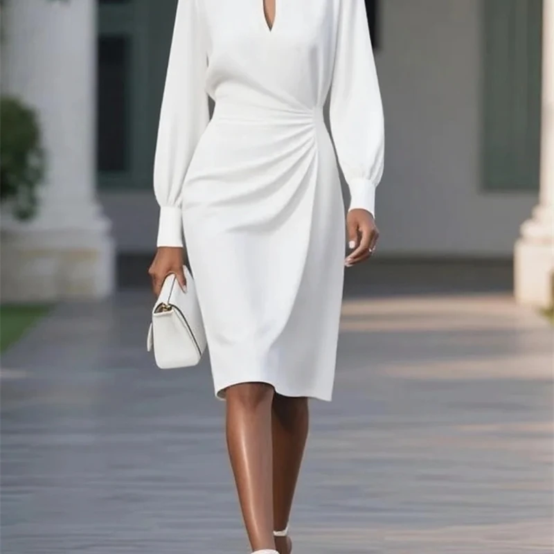 Robe mi-longue élégante à manches longues pour femmes, col rond, ajouré, découpe, fête, Date, soirée, décontractée, bureau, vacances