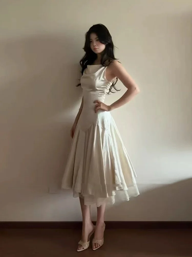 

Elegant plus Size Lace Dress Women's Summer High Waist Gown Polyester Fiber A-Line Skirt No Sleeve Bridesmaid Dress